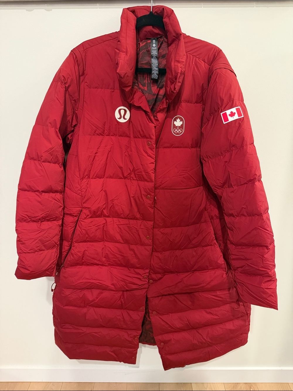lululemon athletica Red Quilted Puffer Coat long length Team Canada